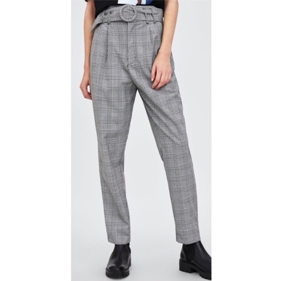 ZARA Plaid Pleated High Waist Paperbag Pants Belt (Size:XS) - Picture 1 of 10